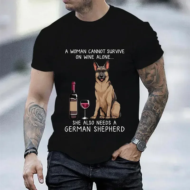 Casual Unisex Tee shirts oversized tops Y2K clothing men T-shirt German Shepherd and wine funny dog funny t shirts for men women