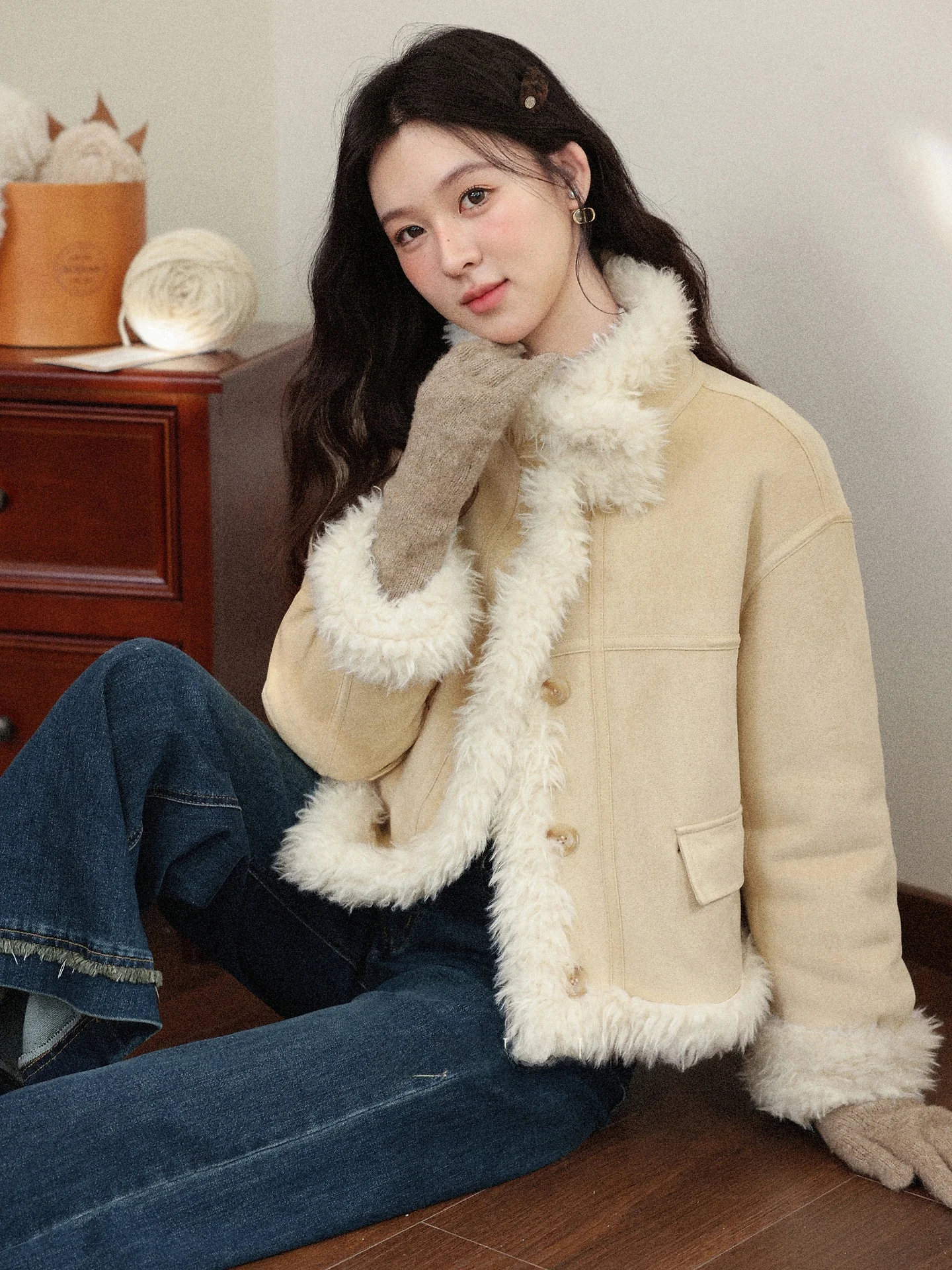 Giacca Invernale da Donna in Pelliccia d'Agnello, Cappotto in Lana e Pelle, Caldo e Casual con Chiusura a Bottoni