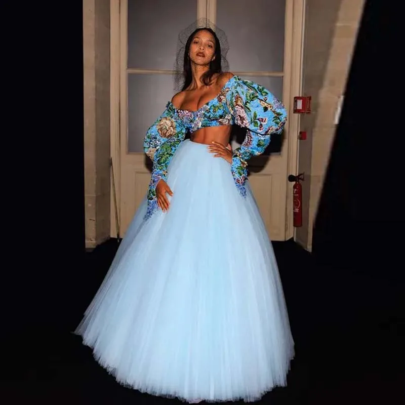 

Light Blue Ball Gown Tulle Skirt Elastic Waist 9 Layers Tulle Tutu Women Maxi Skirt Simple Soft Mesh Female Prom Skirt Custom