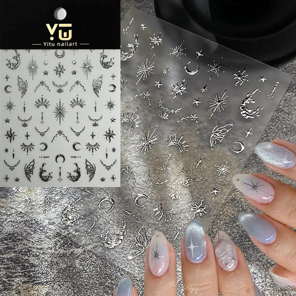 1개 3D 실버 골드 별/달/태양 네일 스티커 프렌치 보헤미아 토템 셀프 접착 네일 아트 데칼 DIY 레트로 매니큐어 장식