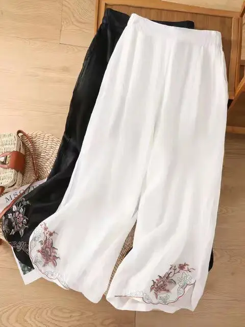 

Retro Embroidered Cotton and Linen Wide Leg Pants Women's Light and Breathable High Waist Slim Temperament Travel Casual Z337