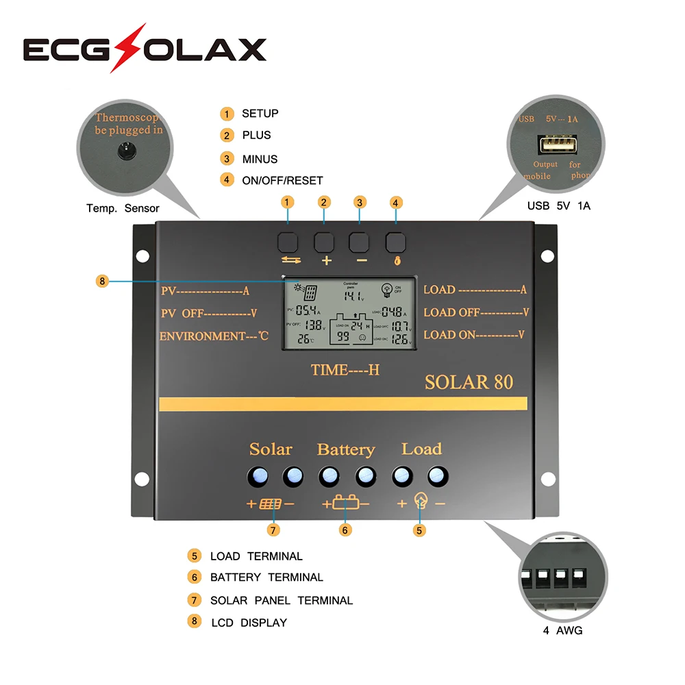 Imagem -03 - Controlador de Carga Solar Ecgsolex80a 60a 12v 24v Lcd Automático Usb Carregador de Bateria Solar Alta Eficiência Regulador Pwm