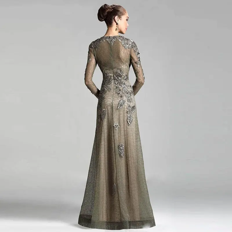 Robes mère de la mariée à manches longues, élégantes, en dentelle appliquée, marron, robes de soirée de mariage, nouvelle collection 2021