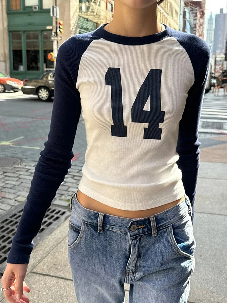 

Vintage Patchwork 14 Print Slim Long Sleeve Tee Women Casual O-neck Ribbed Cotton Street Simple Tops Sweet Harajuku T-shirts Y2K