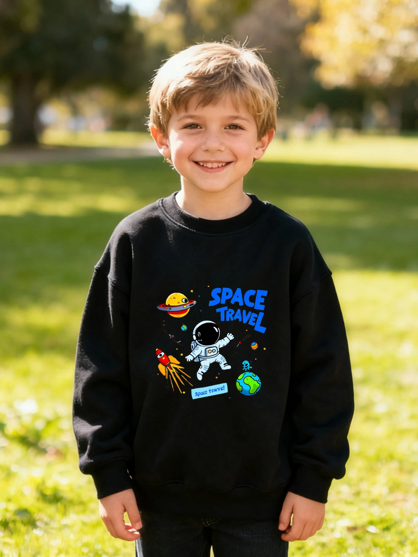 

​ Детская хлопковая толстовка для космических путешествий, космонавт с планетами, ракета для мальчиков и девочек, научная фантастика, приключенческая тема ​