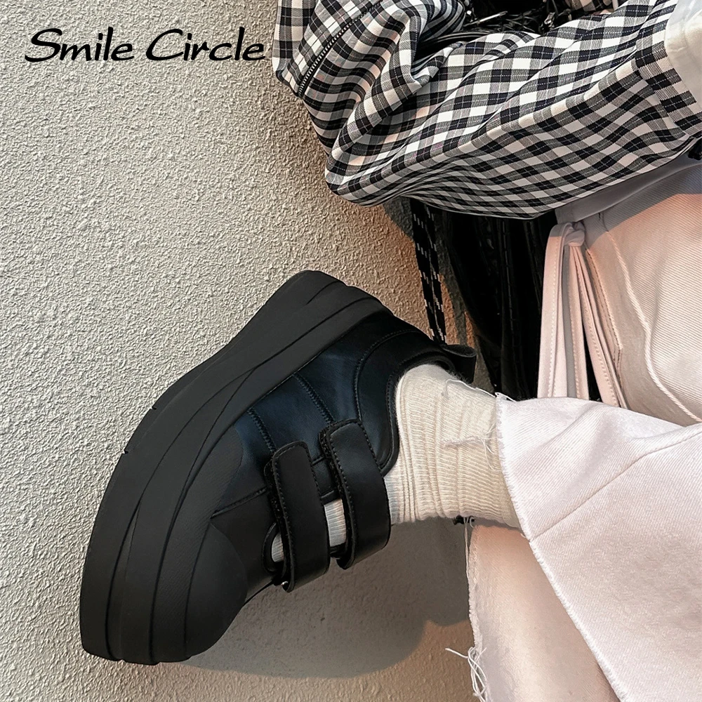 

Smile Circle Summer Women's Casual Shoes Cowhide Trendy Stylish Platform Sneakers with Velcro Straps