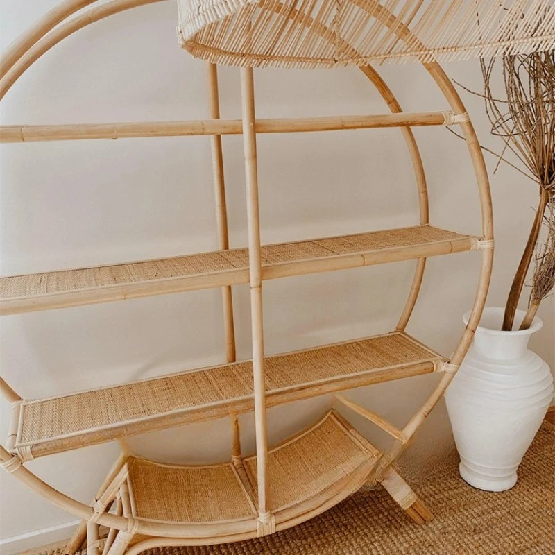 Rattan Shelf Vintage Screen Partition Cabinet New Chinese Zen Chinese Round Shelves