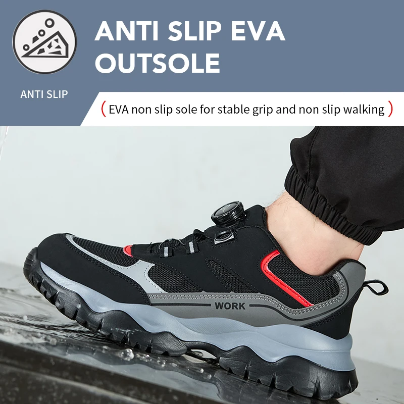 Men's Steel Toe Safety Shoes with Rotating Button Puncture Proof Work Boots Protective Platform Industrial Shoes for Men