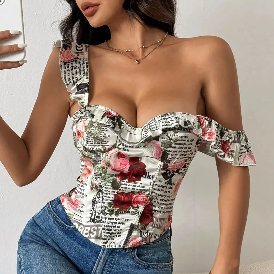 

Printed Lace Up Corset Tops Womens Sleeveless Lingerie Crop Tank Top Backless Boned Vest Sexy Street Style Slim Camisole Outfits