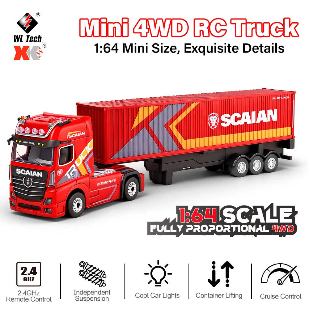 Wltoys 6408 1/64 RC Car Mini Four-Wheel Drive RC Truck Three Speed Adjustable Container Truck with Traile For Toy Car Boy Adult