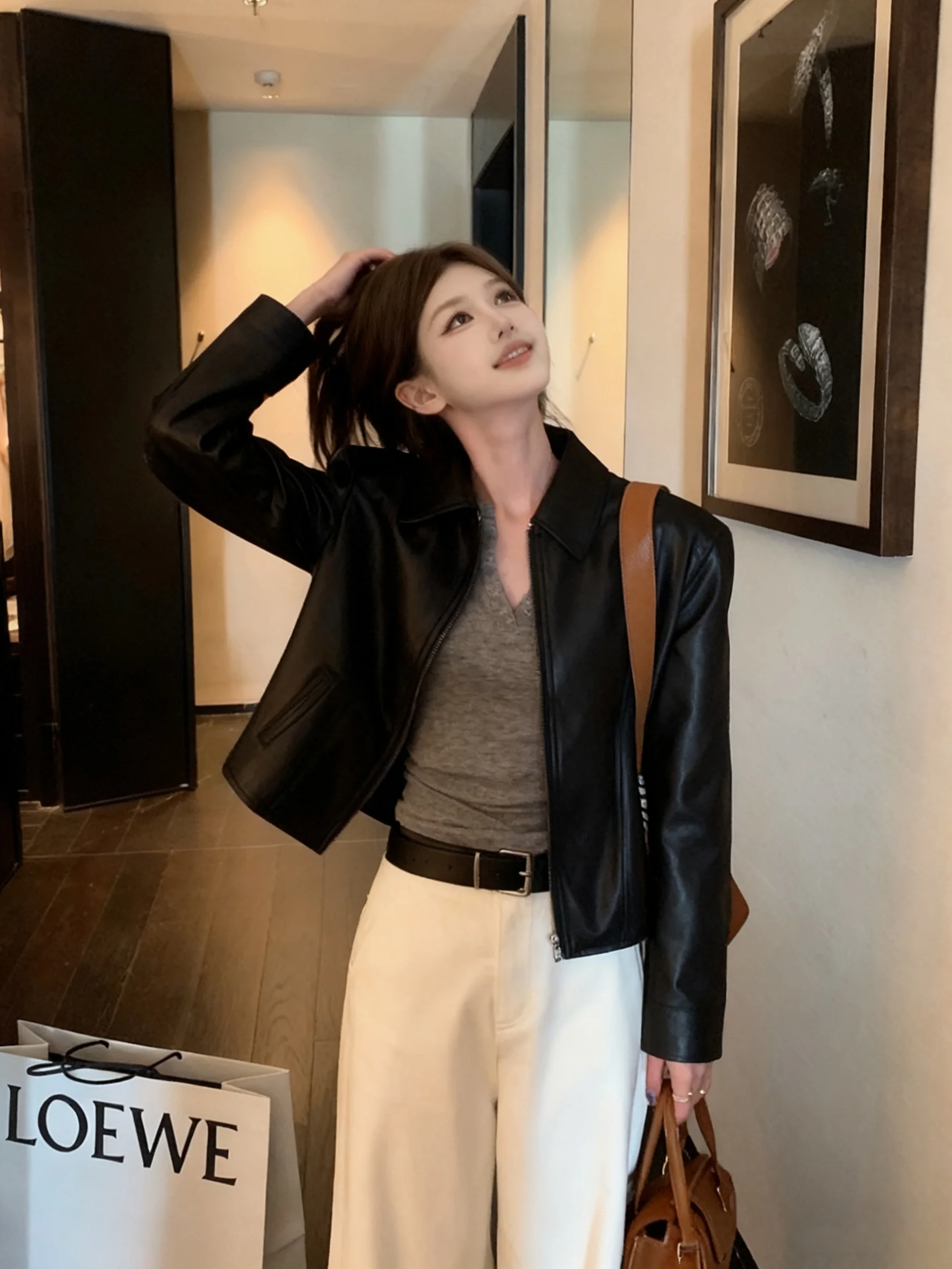 Retro Amerikanische Coole Biker-Lederjacke für Damen, Einfache Lockere Passform, Herbst-Winter-Oberbekleidung für Kleine Figuren