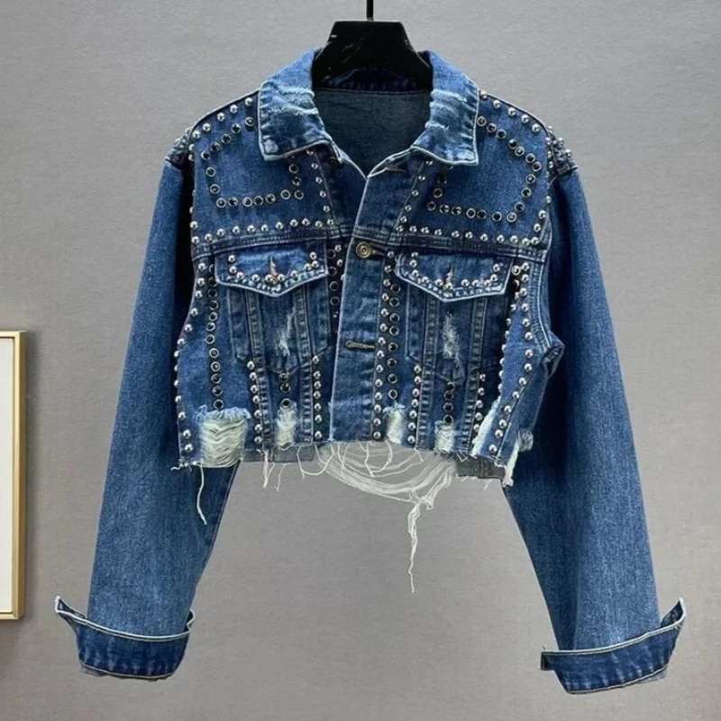 Chic Women Rivets Beaded Frayed Denim Jacket Ripped Diamonds Beading Jeans Coat Worn Holes Cowboy Streetwear High Waist Tops