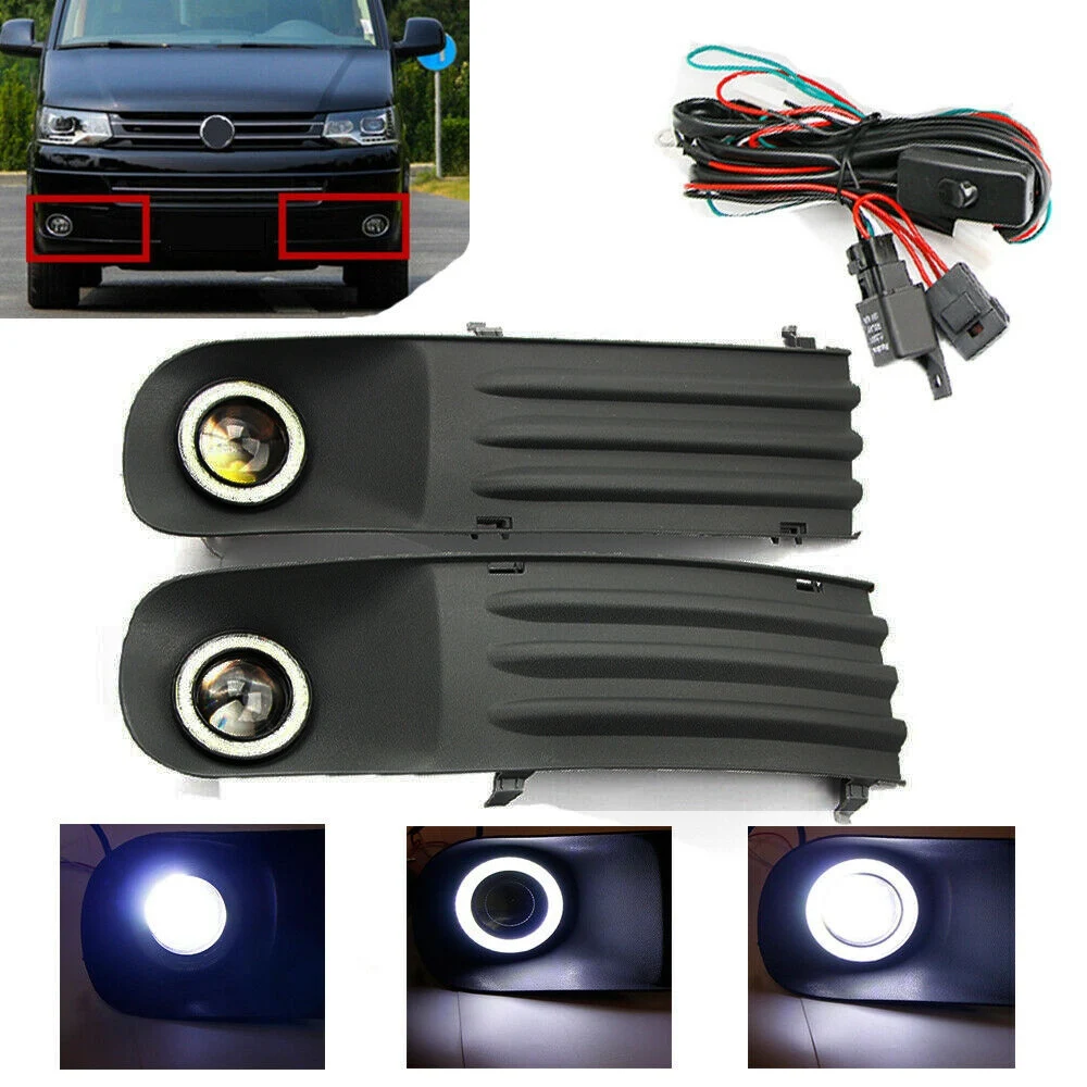 Car Fog Lights Lamps Angel Eye Grilles +Harness For Vw Transporter T5 T28 T30 2003-2009