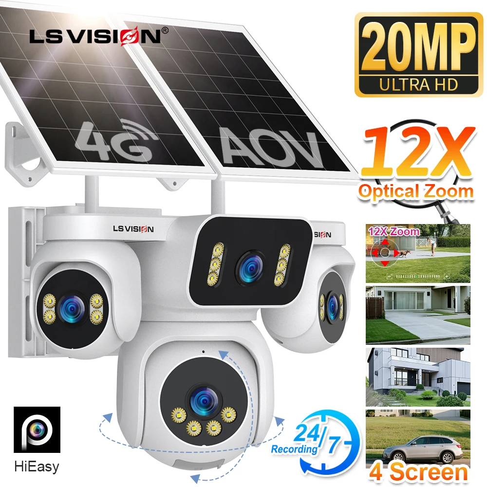 

LS VISION 20MP 24/7 Recording 4G AOV Solar Camera Four Screens Outdoor 12X Optical Zoom Human Auto Tracking Surveillance Cameras
