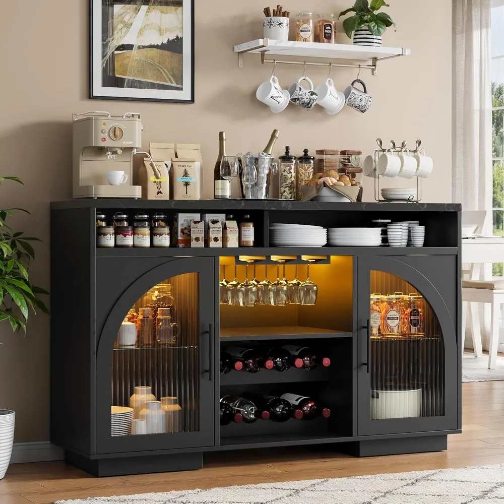 

Sideboard Buffet Cabinet, 54" Kitchen Cabinet with LED Lights & Arched Glass Doors, Tall Bar Cabinets with 2, Customized