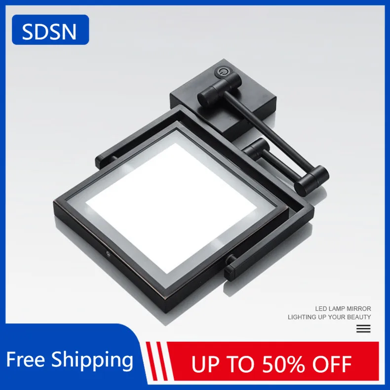 

Brass Led Folding Bathroom Mirror with 3X Magnifying Hotel Bathroom Makeup Mirror Wall Mounted Square Led Folding Bath Mirrors