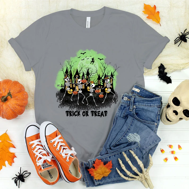 Camiseta Esqueleto de Halloween Feminina, Camisa Manga Curta, Doces ou Doces, Moda Premium