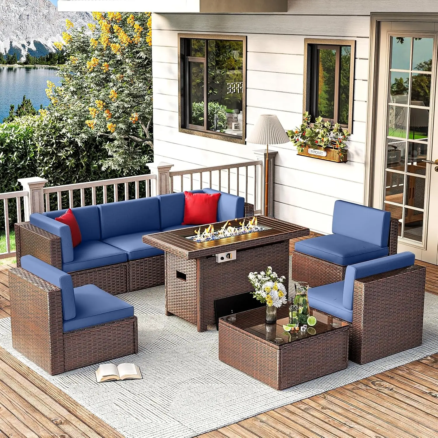 

Outdoor Furniture Set with 40" Fire Pit Table Wicker Rattan Sectional Conversation Set with Coffee Table for Patio