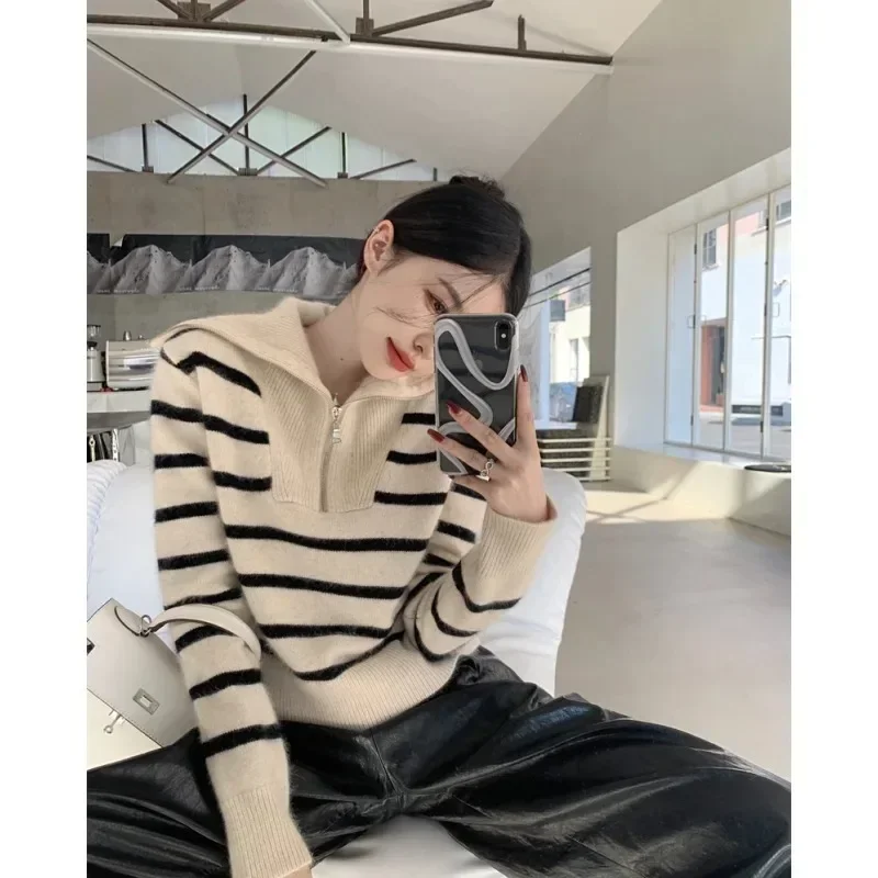 Korean striped half zipper long sleeved knitted sweater autumn and winter loose lazy style top pullover retro sweater for women