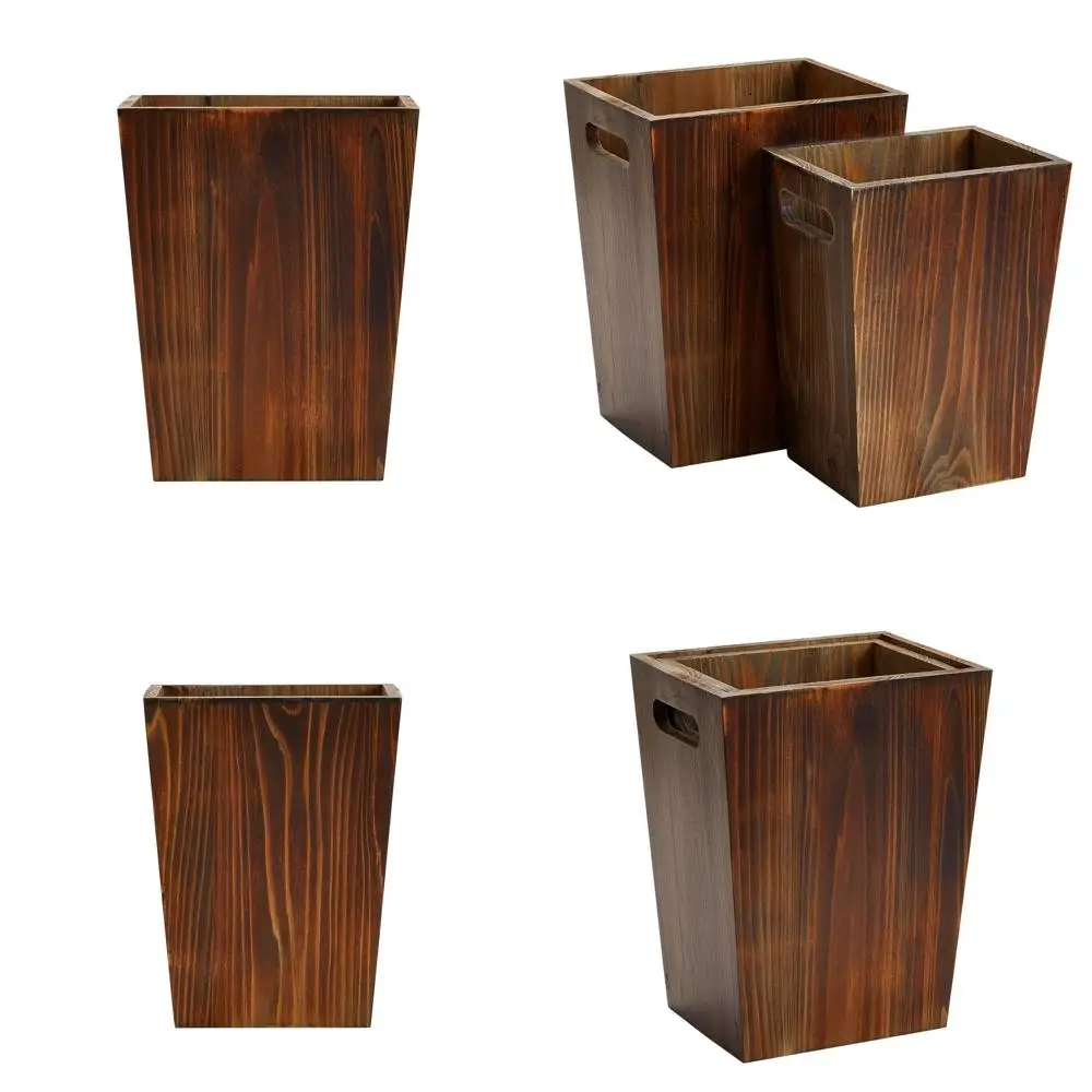 

Farmhouse-Style Wooden Trash Cans with Handles - Brown Square Wastebasket Set for Home & Office (Small & Large)