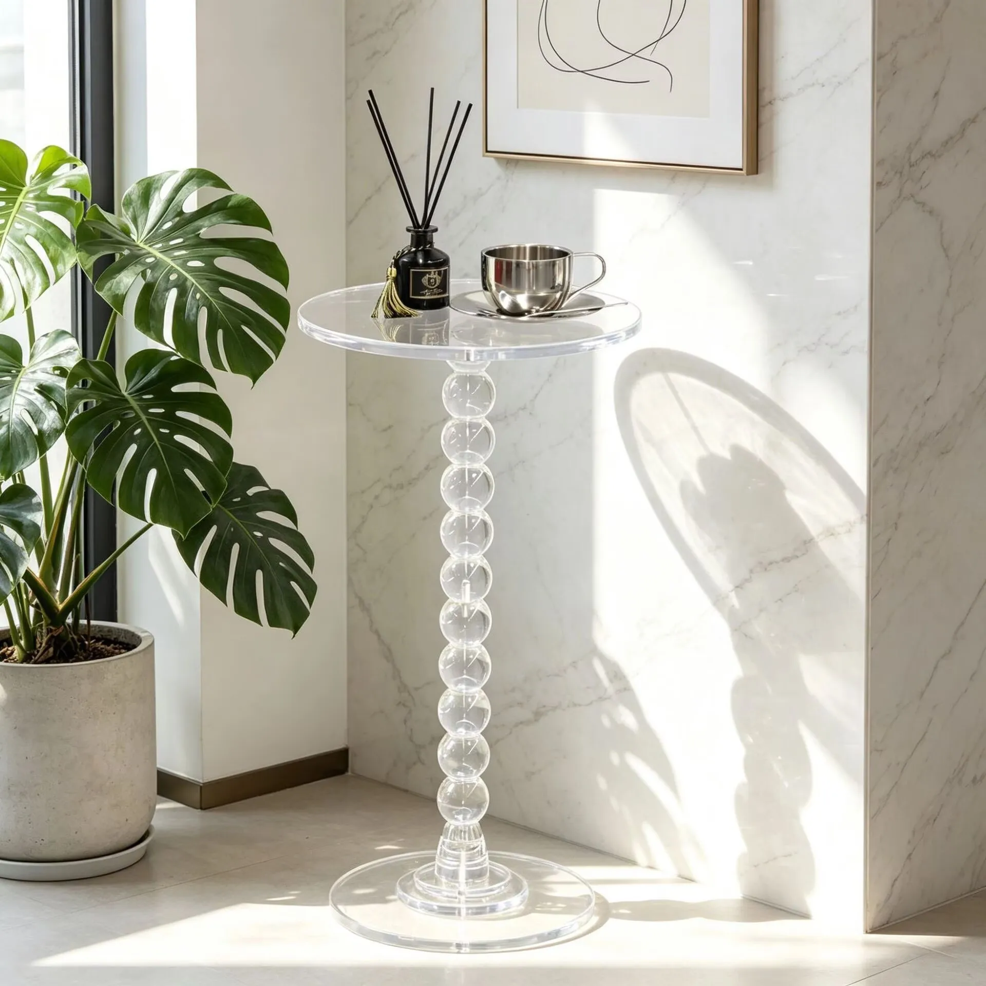 Coffee table luxury small round table transparent acrylic edge beaded spherical column small round table living room sofa corner