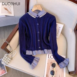 DUOJIHUI Cardigan femminile monopetto di base blu Navy francese nuovo Cardigan donna Casual semplice moda autunno contrasto colore