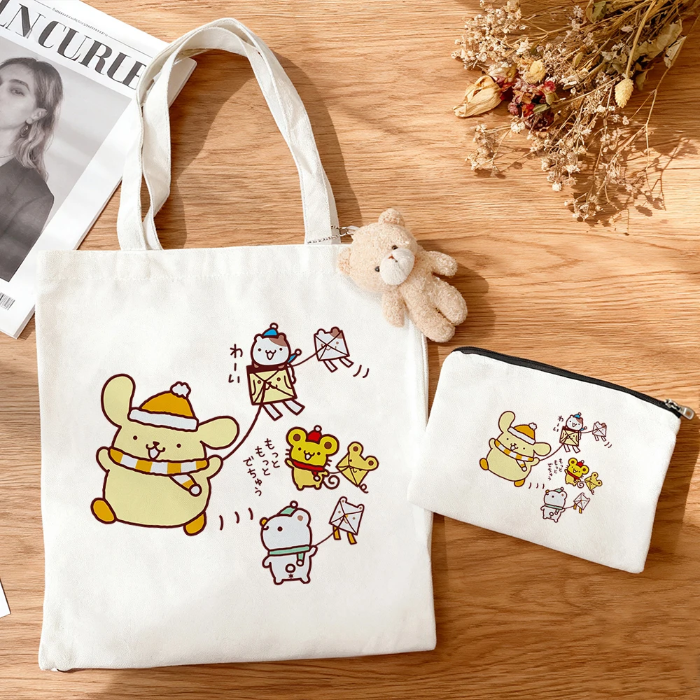 3pcs/set Large Capacity Pom Pom Purin Multi Character Canvas Tote Bag Lovely Sanrio Group Print Anime Eco Reusable Shopping Bag view 3