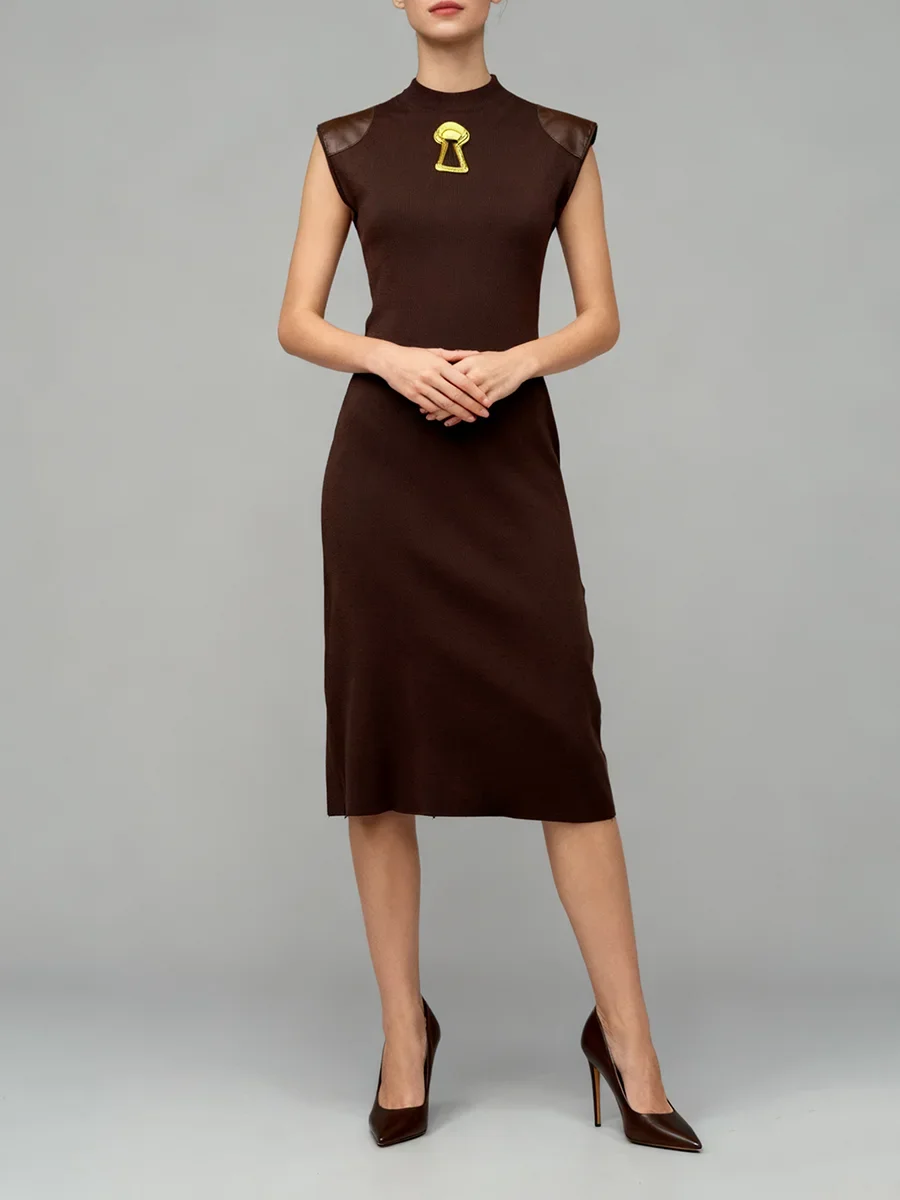 

Slimming Spliced Sequined Basics Dresses for Women Round Neck Sleeveless Patchwork Leather Casual Dress Female New