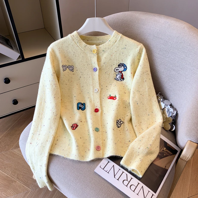 

Весна-Осень 2022, новый женский вязаный кардиган в европейском стиле с круглыми пуговицами и мультяшной вышивкой, топ Coll...