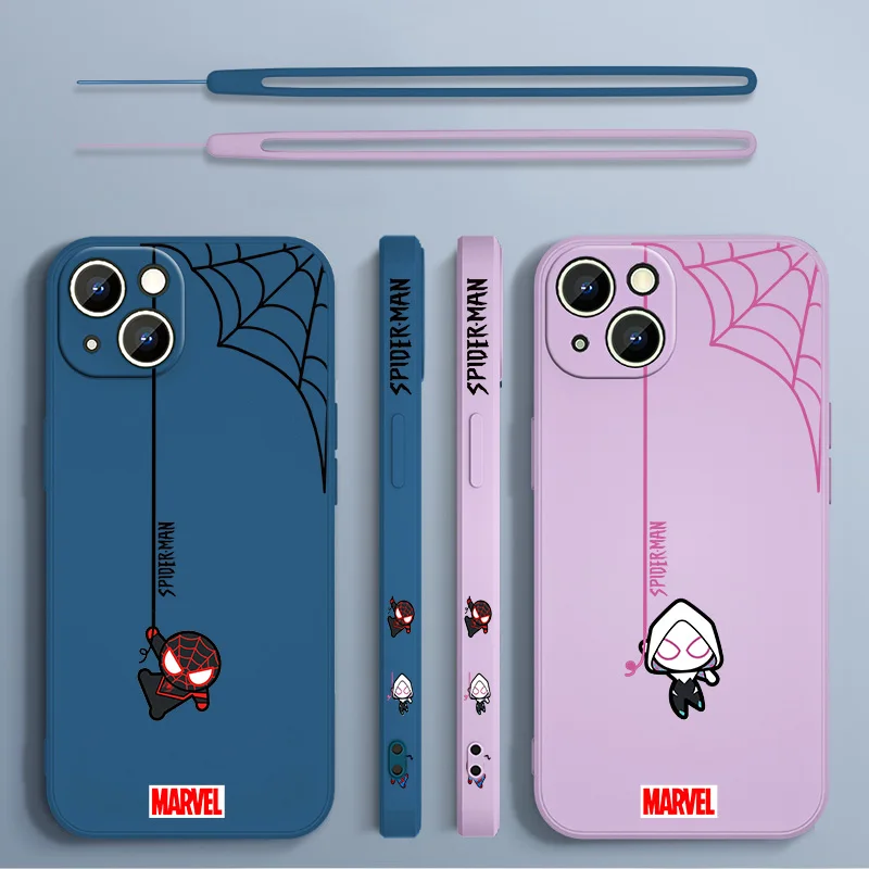 Marvel Spiderman For Apple iPhone 15 14 13 12 mini 11 Pro 8 7 6S 6 Plus XR XS X Max Liquid Left Rope Soft Phone Case