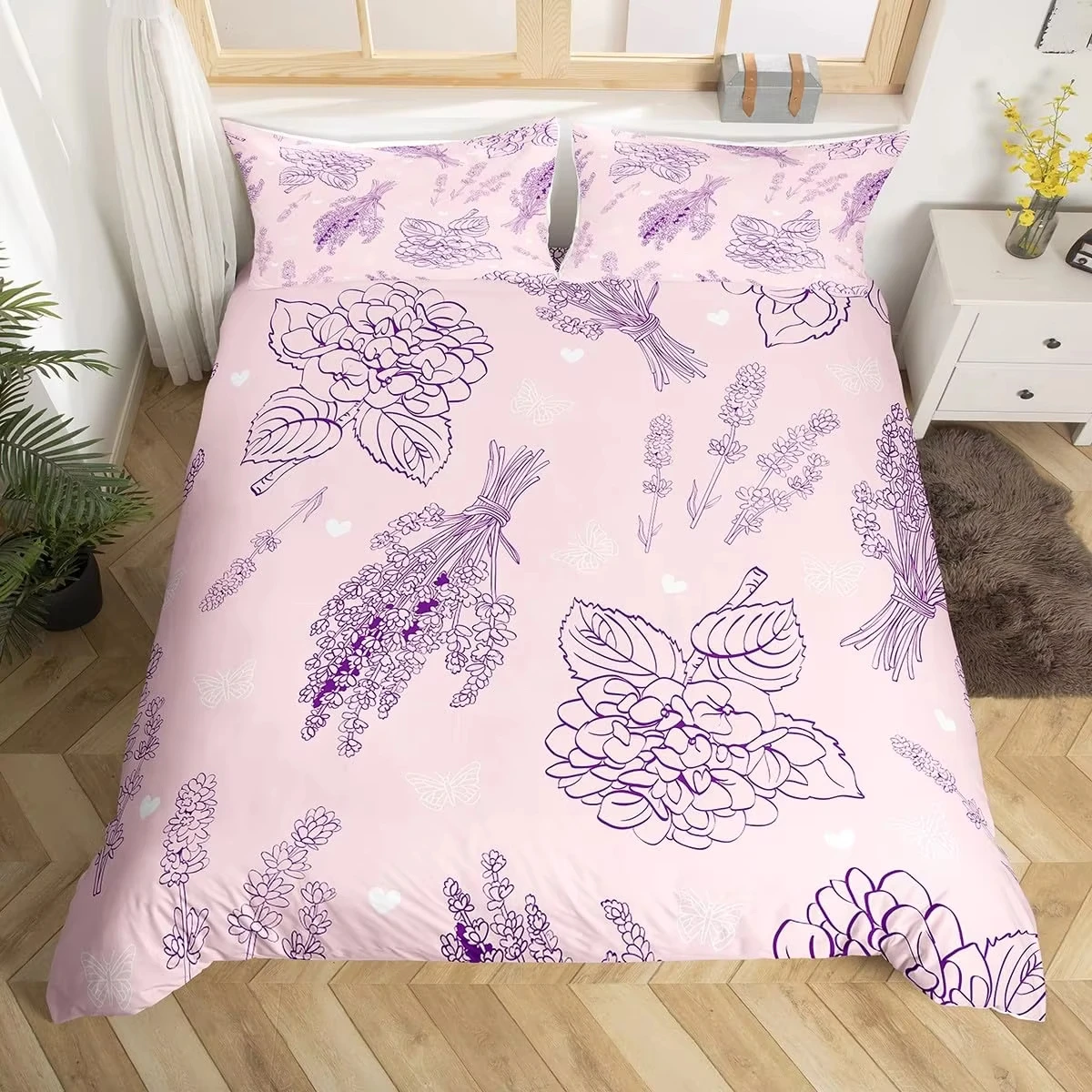 Vintage Floral Bedding Set Full Queen Blue Pink Hydrangea Duvet Cover Colorful Butterfly Retro Botanical Comforter Cover,3 pcs
