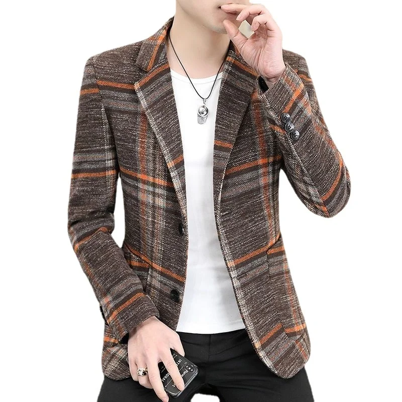

Autumn Spring New Middle-aged and Young High-end Plaid Slim Fit Casual Woolen Suit Jacket Men's Trend