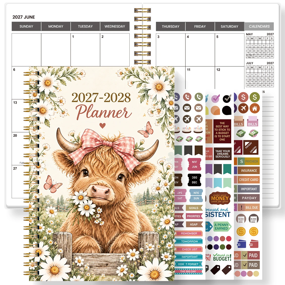 1PC 2027-2028 Monthly Planner Notebook, A5 Cream Highland Cow Spiral Calendar with Sticker Sheets, for Office, Work & Meetings