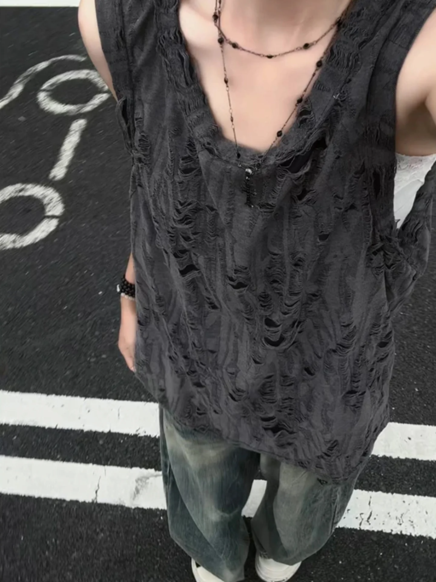 Black Hole Ripped Vest Men's Summer Trendy Sporty Sleeveless Thin Breathable American Style Shoulder Exercise Sweatshirt