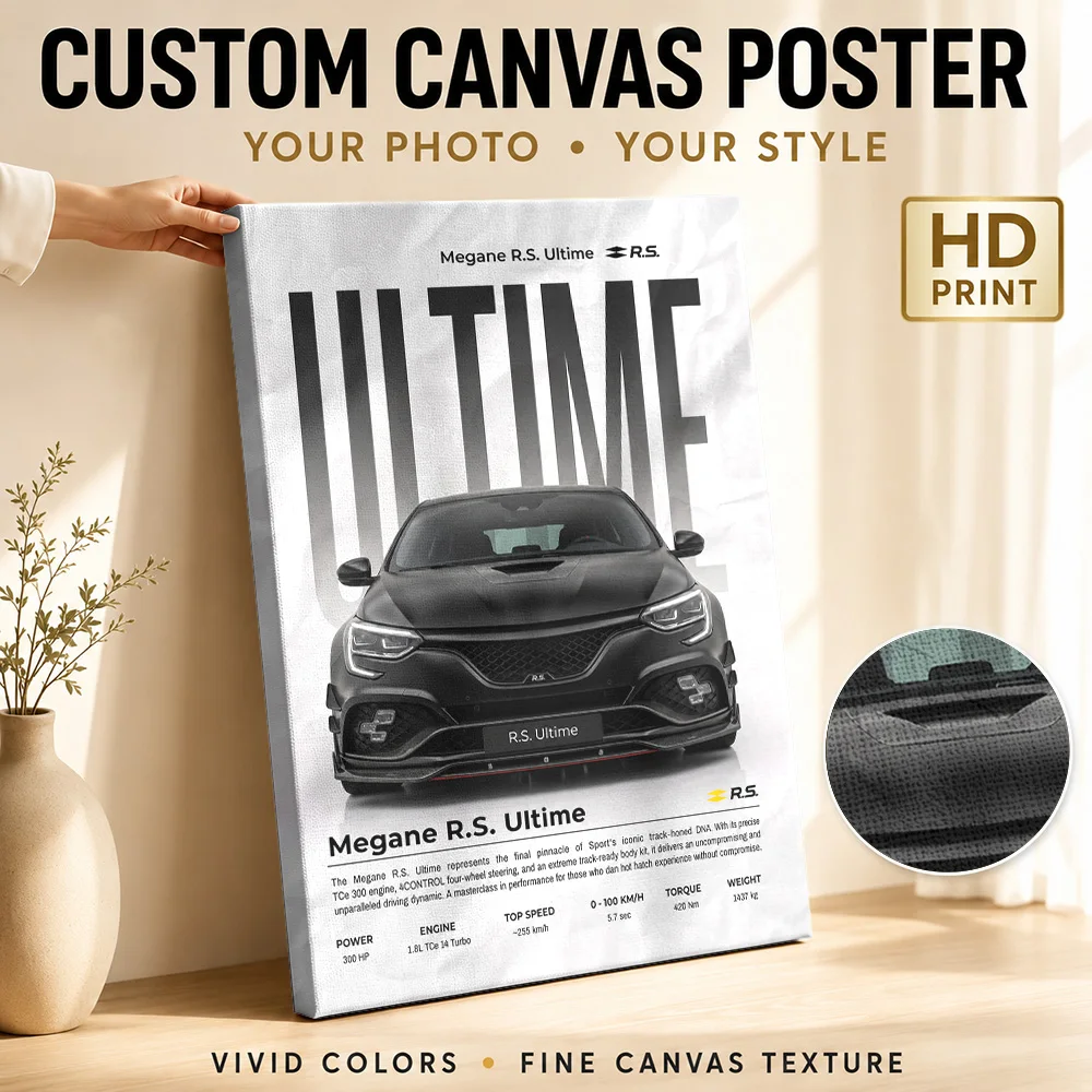 Front View Black French Megane R.s. Ultime Framed Canvas Poster Customized Photo Gallery Style Garage Wall Paintings Decoration