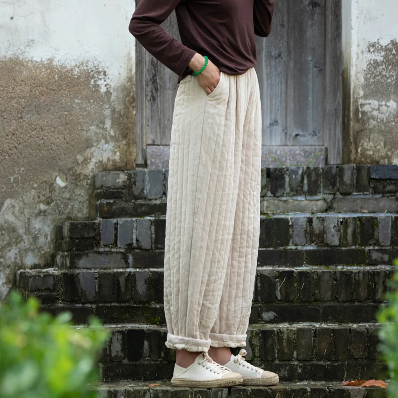 2025 acolchoado calças casuais femininas novo inverno cor sólida solta para baixo algodão calça feminina grosso quente longo calças retas