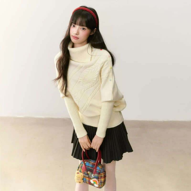 

Collection Features Fashionable Ladylike Style Asymmetrical Lapel Colorful Buttons Loose-fitting Warm Sweater 2026 Autumn/winter