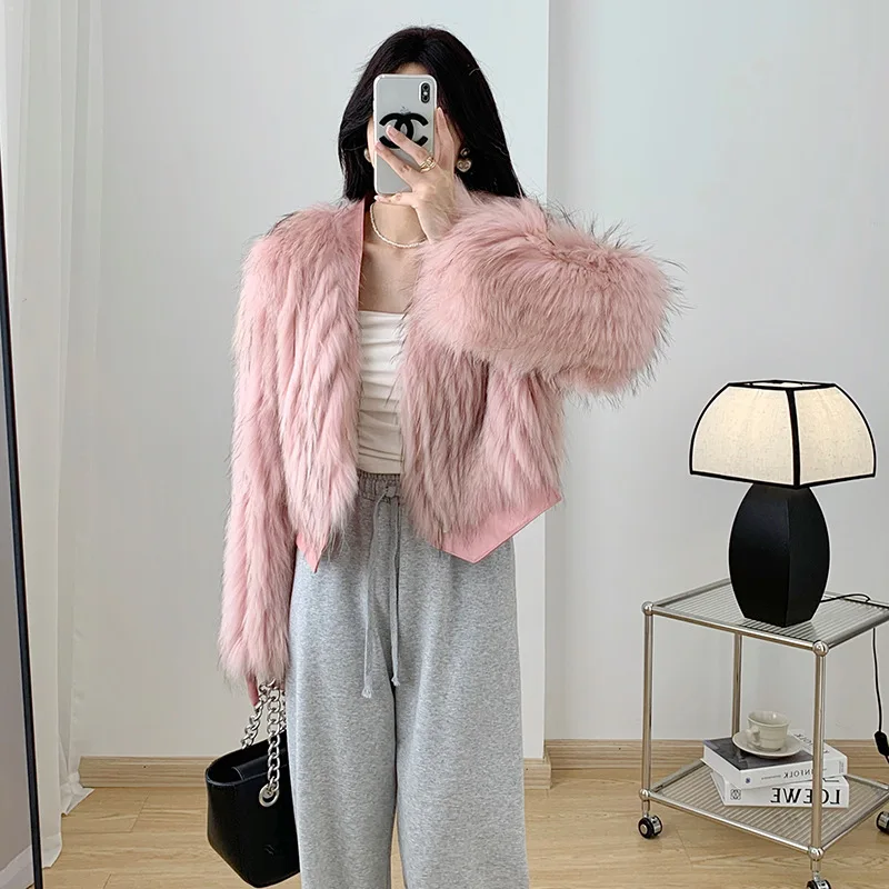 

Pink Fur Coat for Women's High Waisted Mink Fur Coat