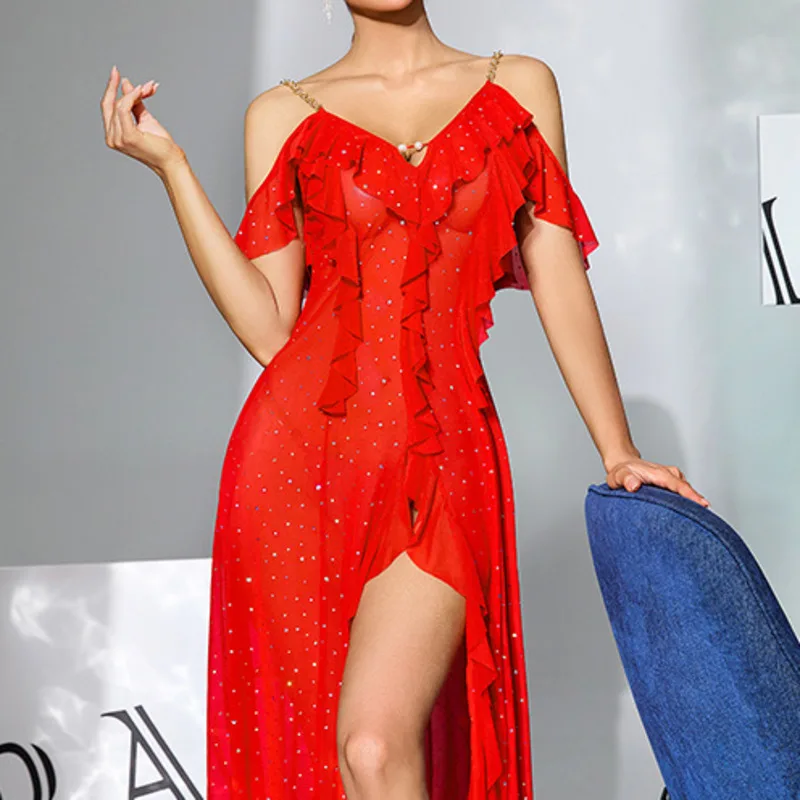 Multi-color Mesh Sequin Off-shoulder Long Dress With V-neck Ruffles High Slit Sexy Sheer Nightgown Dress Solid Color Casual OKYB