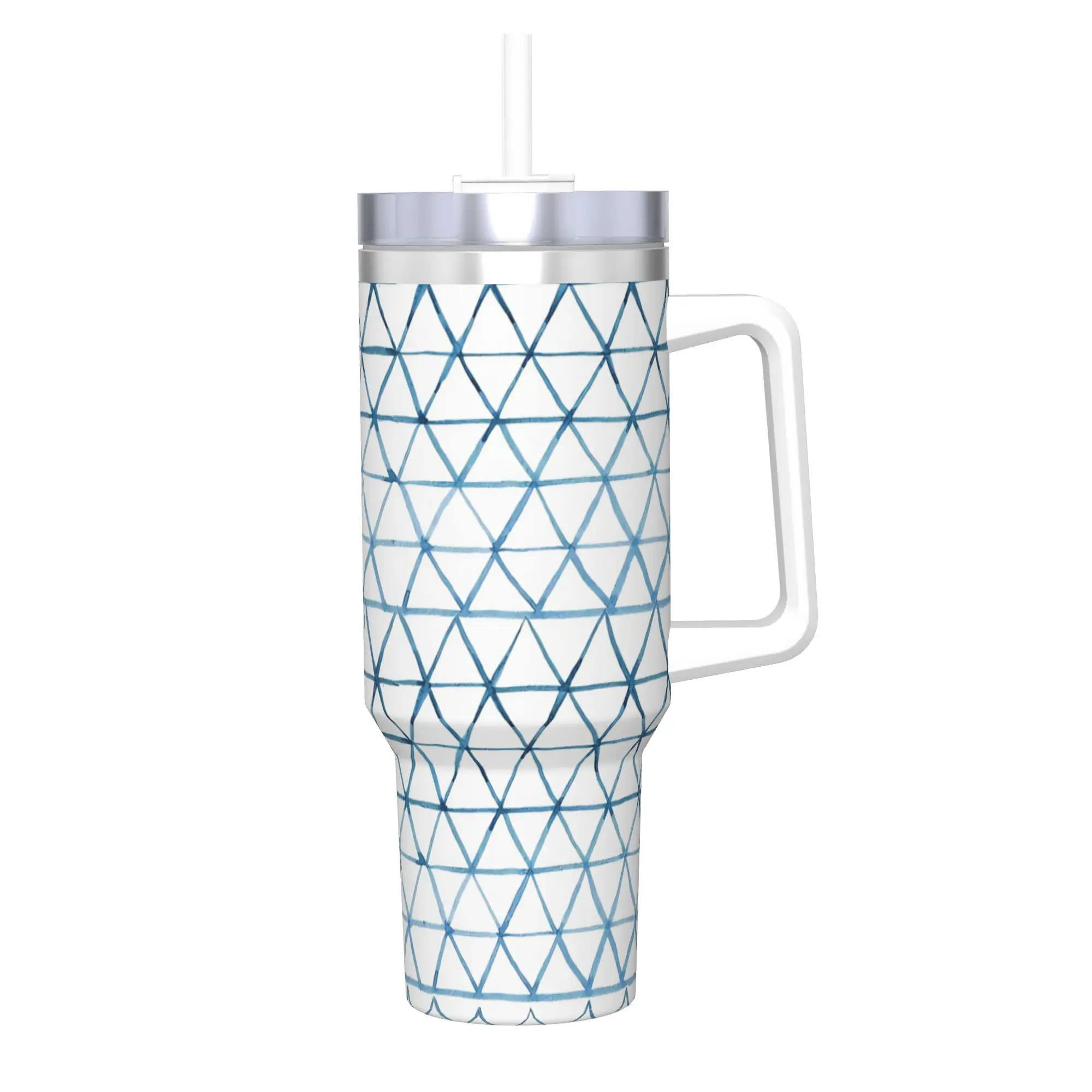 Indigo Geo Triangle Pattern  Tumbler Vacuum Insulated Geometric Ink Blue Coffee Cups with Lid Straw Mugs Hot Cold Drink, 40oz