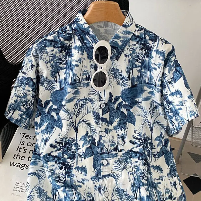 

Loose ort Sve Hawaiian Sle irt Retro Hong Kong Sle ex Summer Faion Polyester Fiber Stand Fit Youth irt