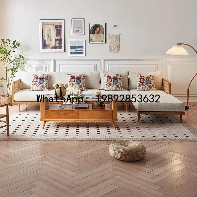CZ  Solid Wood Rattan Sofa Living Room Wabi-Sabi Style White Ash Wood Hotel Lobby Imperial Three-Seater Cotton Linen Sofa