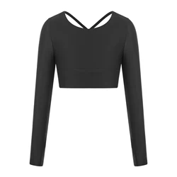 Girl Ballet Gymnastic Leotard Top Long Sleeved Dance Cropped Sweatshirt Tops Kids Criss Cross Open Back Workout Sports Clothing