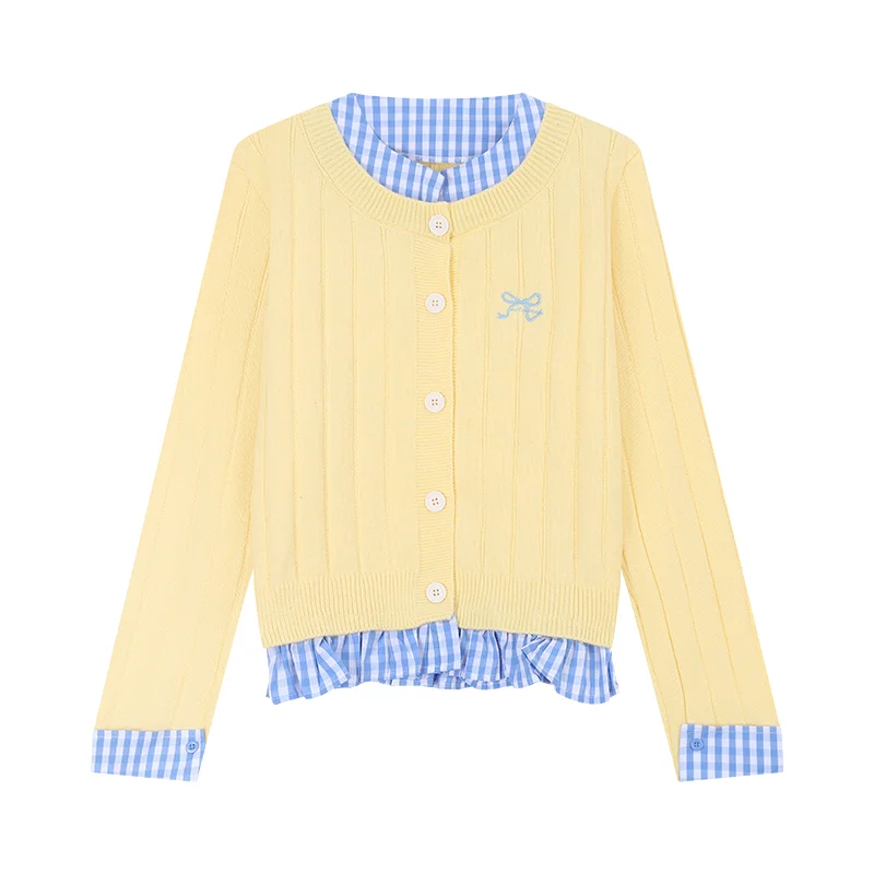 

American Plaid patchwork Sweater Women's Spring Autumn Single Breasted Loose Knit Cardigan Bow Embroidery Long Sleeved Jacket