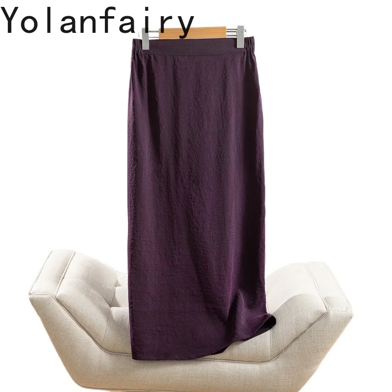 YOLANFAIRY 100% Natural Mulberry Silk Skirts for Woman Turtle Crack Vintage Skirt Gauze Silk Elastic Waist Straight Purple Skirt