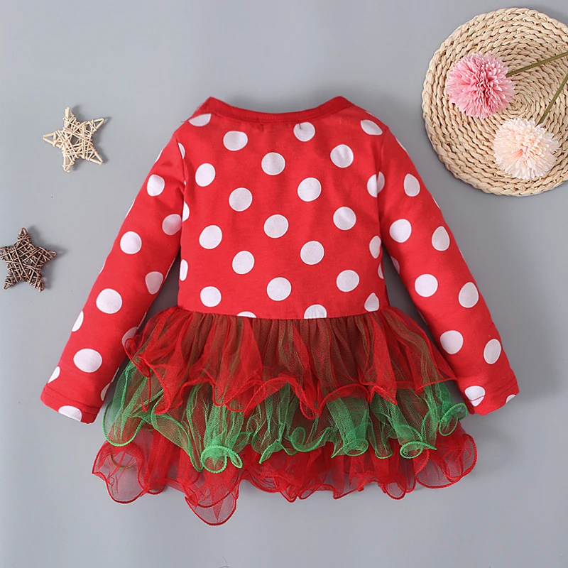 Girls European and American Spring and Autumn Christmas Polka Dot Bow Mesh Long Sleeve Dress Cake Skirt Children\'s Clothing