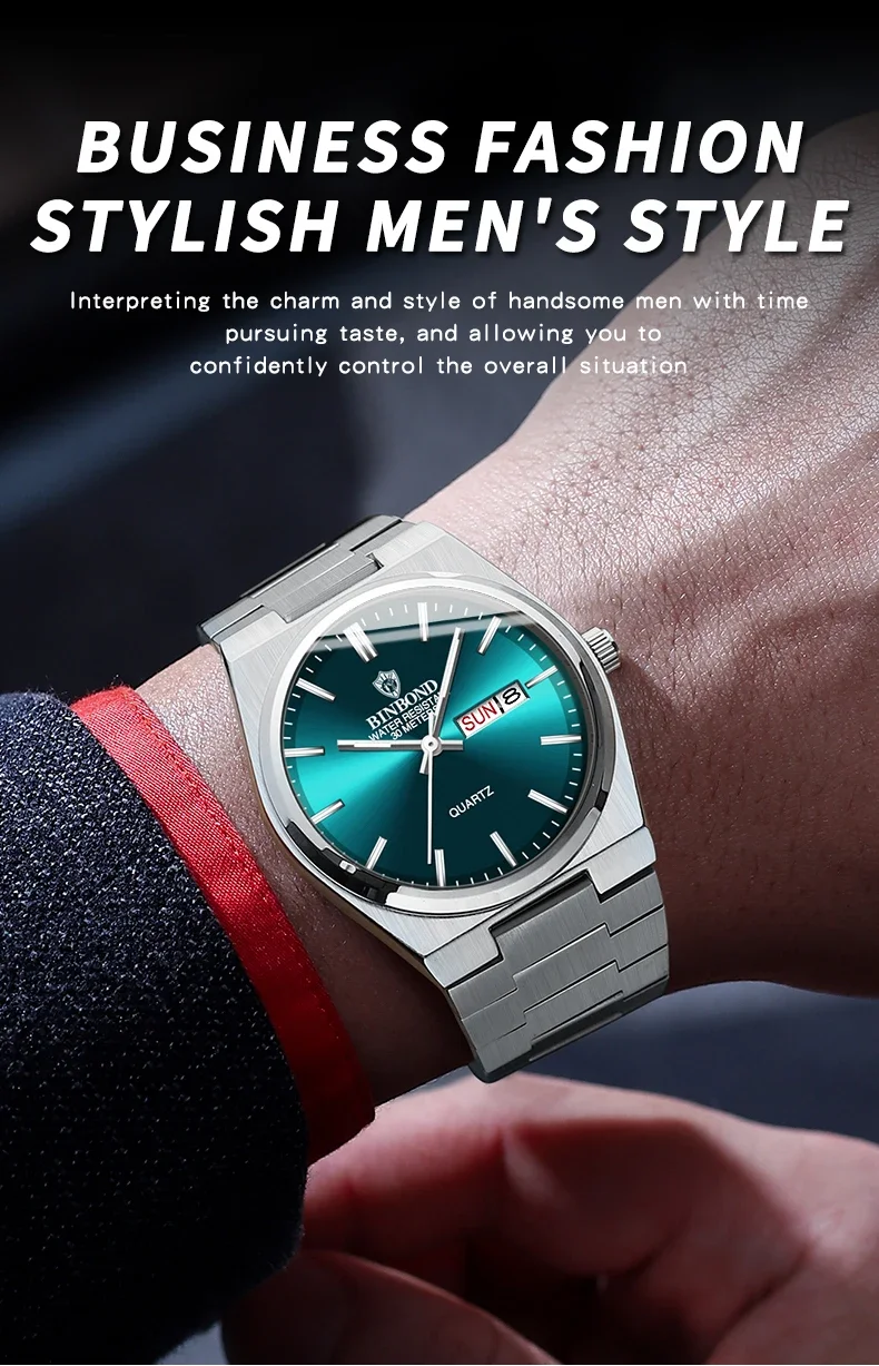 ساعة كوارتز للعمل والترفيه للرجال ، إضاءة ليلية ، تقويم مزدوج رفيع ، علامة تجارية للأزياء ، B102 ، من bbond