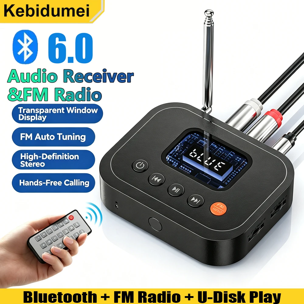 KEBIDUMEI Bluetooth 6.0 Odbiornik Audio Radio FM 3.5mm AUX RCA USB Adapter Bezprzewodowy do Muzyki z Dysku U z Pilotem do TV PC