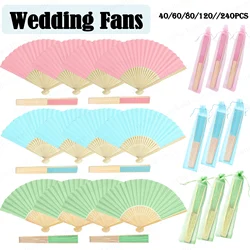 240-40Pcs Wedding Hand Fans Guests Folding Fans White Bamboo Fan with Fabric Bag Engagement Paper Fan Black Prop Fan for Dancing