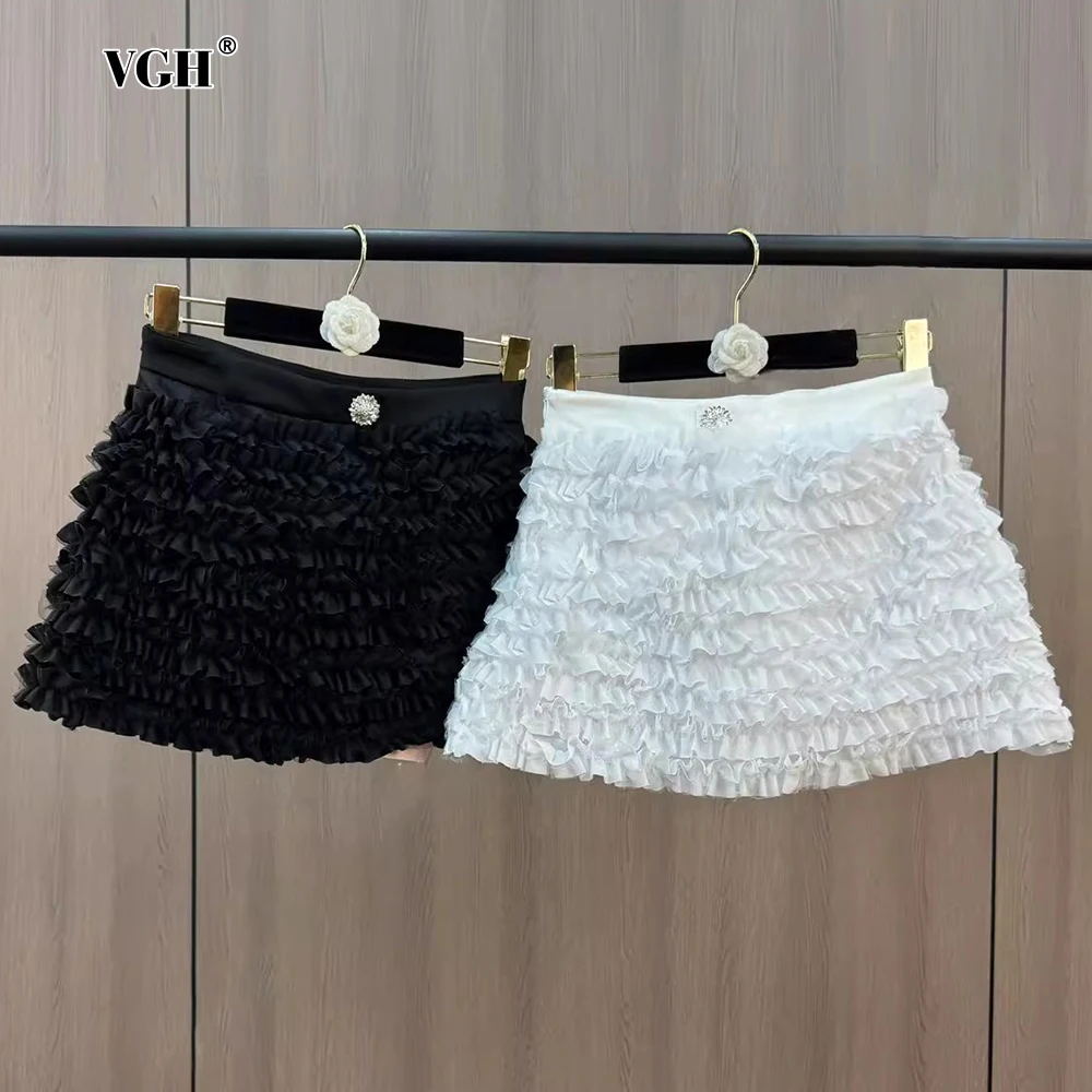 

VGH Solid Sweet Spliced Diamonds Women's Mini Skirt High Waist Patchwork Folds Club Party Skirts Female Fashion Autumn New Style